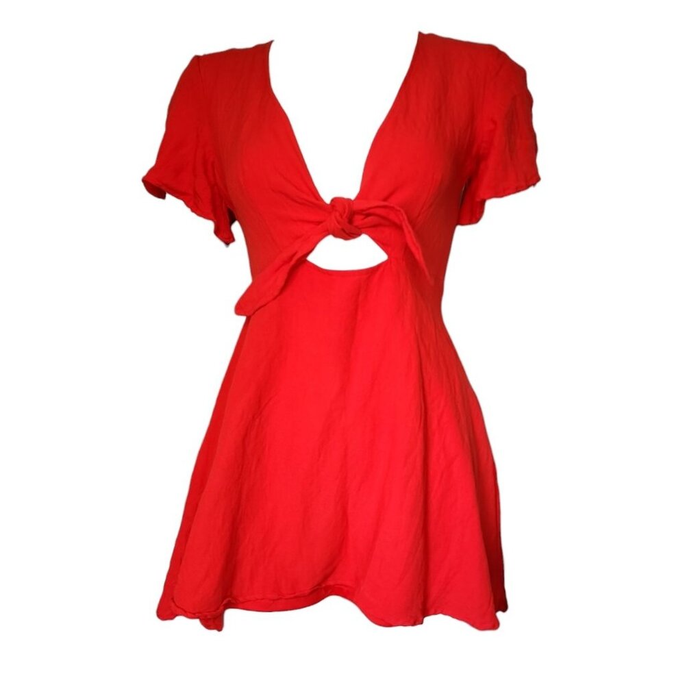 Lulus Dress Womens Size S Small Solid All Red Tie Front Short Sleeve Cute Mini‎